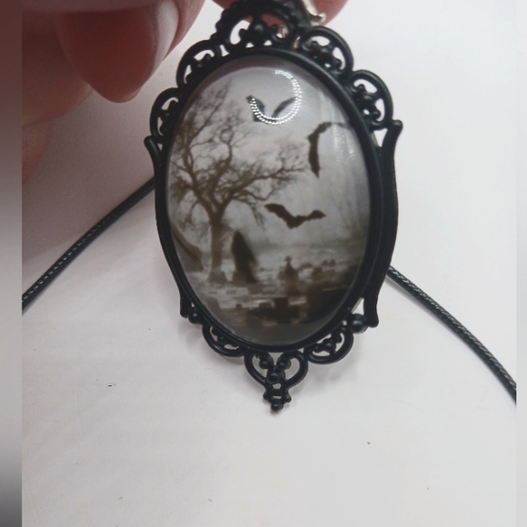 Gothic Metal Cameo Choker Graveyard Scene Necklace with Chain + Gift Box New - Picture 6 of 10